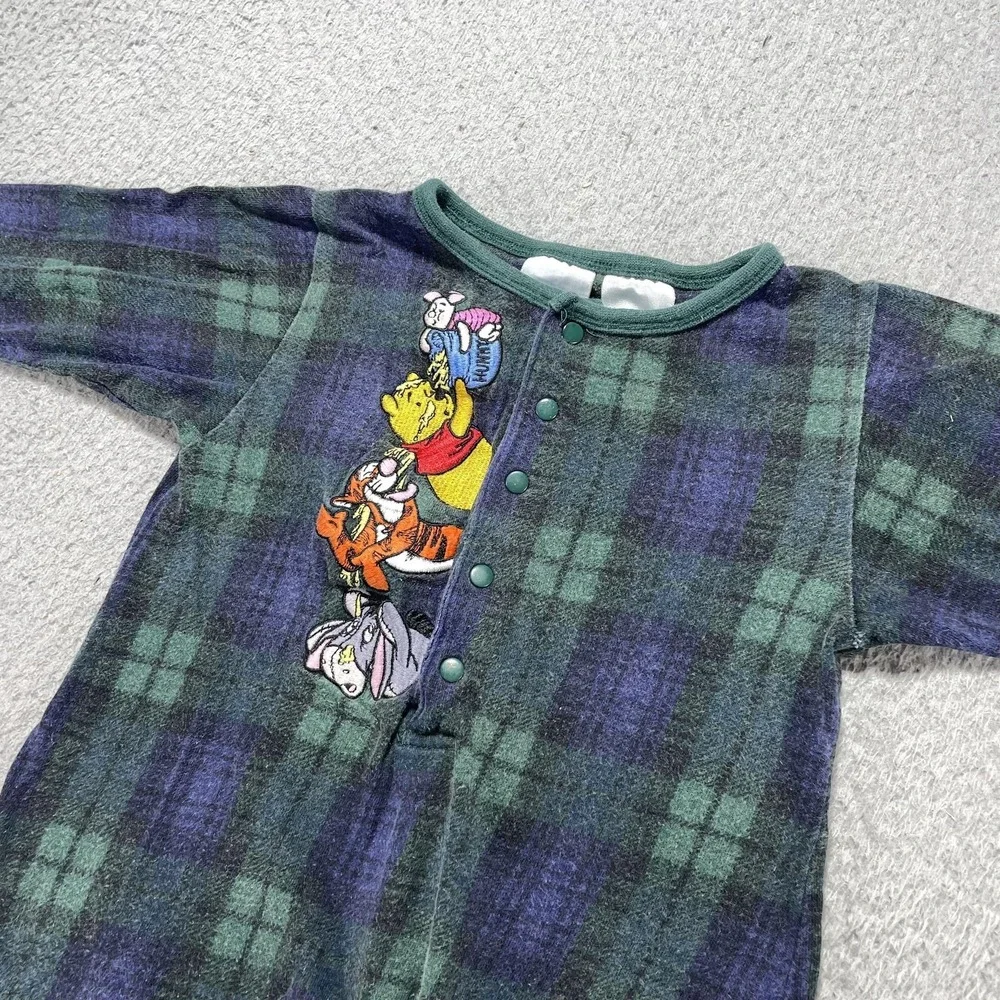 Disney Store Coverall Infant Boys 12M Green Plaid Pooh Tigger Eeyore Flannel VTG